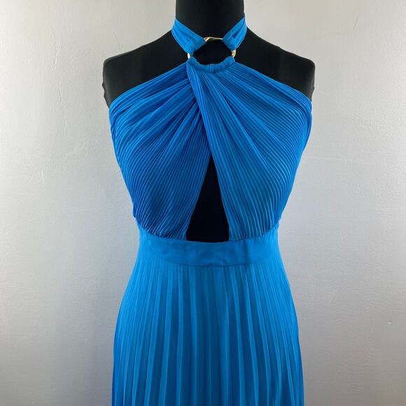 ZARA Camisole Halter Pleated Slip Dress Blue Cutout Sleeveless Midi Dress M NEW - Picture 3 of 12